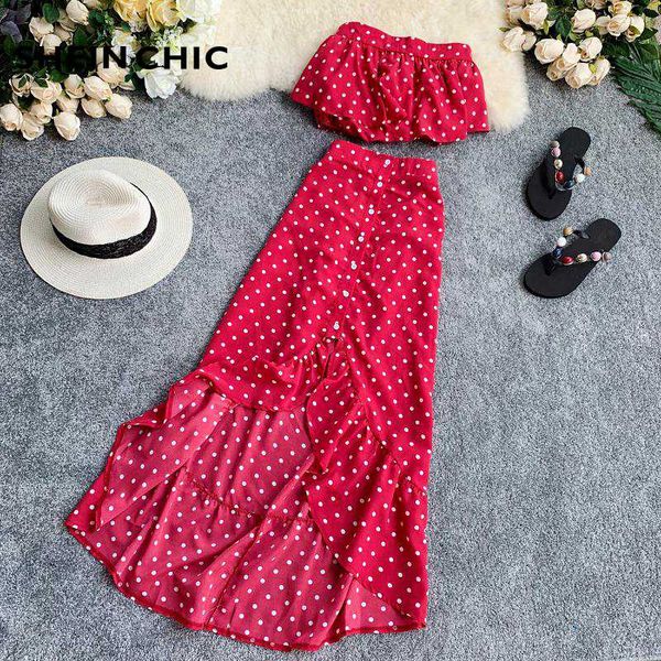 bohemian summer women 2020 two piece set red polka dot strapless chic and irregular ruffles long skirt female two piece set, White
bohemian summer women 2020 two piece set red polka dot strapless chic and irregular ruffles long skirt female two piece set, White