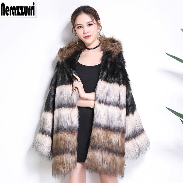 nerazzurri winter faux fur coat with a big hood long sleeve thicken warm multi color hairy fake fur jacket oversized outwear, Black
nerazzurri winter faux fur coat with a big hood long sleeve thicken warm multi color hairy fake fur jacket oversized outwear, Black