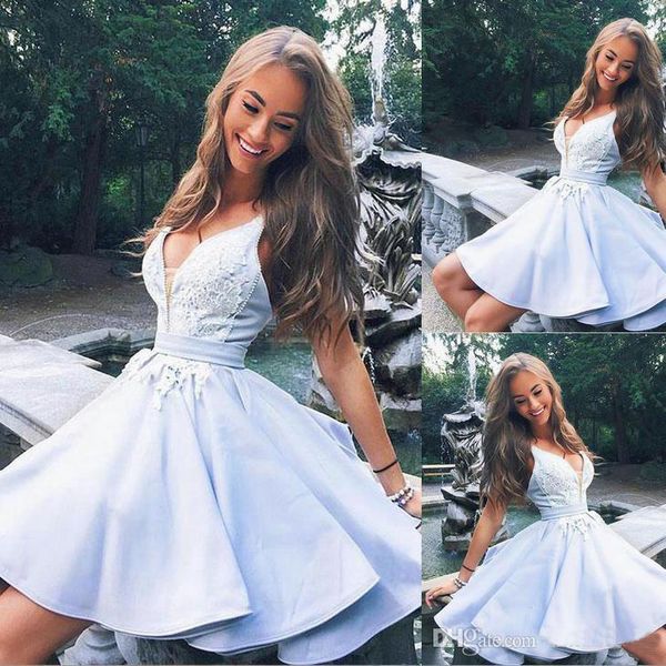 light sky blue homecoming dresses v neck short prom dresses satin knee length graduation gowns custom made special girl dresses, Blue;red
light sky blue homecoming dresses v neck short prom dresses satin knee length graduation gowns custom made special girl dresses, Blue;red