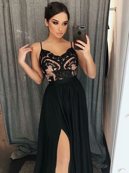 black chiffon lace prom dresses long elegant spaghetti straps appliques side split gala party dress women formal evening gowns
black chiffon lace prom dresses long elegant spaghetti straps appliques side split gala party dress women formal evening gowns