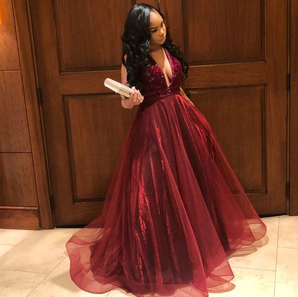 burgundy elegant beaded plunging v-neckline ball gown prom dress sequin tulle evening party gowns halter backless women formal evening, Black
burgundy elegant beaded plunging v-neckline ball gown prom dress sequin tulle evening party gowns halter backless women formal evening, Black