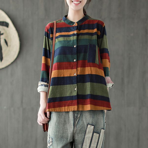 women's blouses & shirts johnature women striped casual cotton linen 2021 autumn sweet stand long sleeve button, White
women's blouses & shirts johnature women striped casual cotton linen 2021 autumn sweet stand long sleeve button, White