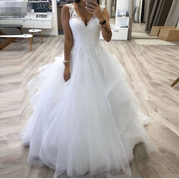 new wedding dresses deep v-neck cascading ruffles appliques tulle tiered skirt bridal gowns lace up back wedding gowns vestido de noiva, White
new wedding dresses deep v-neck cascading ruffles appliques tulle tiered skirt bridal gowns lace up back wedding gowns vestido de noiva, White
