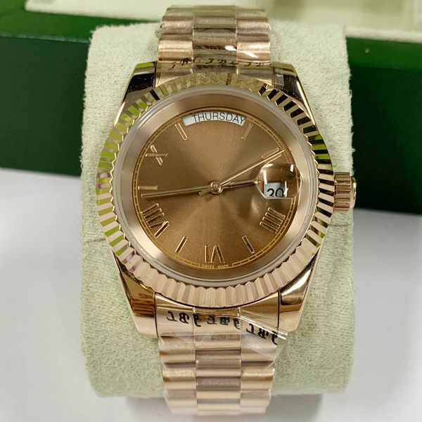 40mm automatic mens watch rose gold dail & strap self-winding concealed folding crown with date, Slivery;brown
40mm automatic mens watch rose gold dail & strap self-winding concealed folding crown with date, Slivery;brown