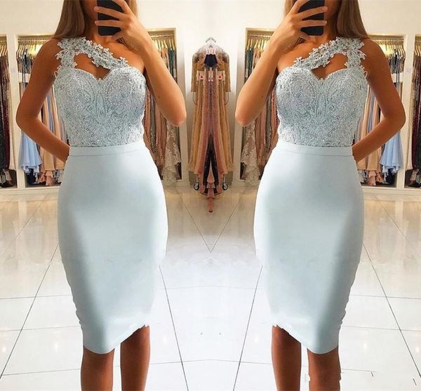 2019 new short mini homecoming dresses light sky blue one shoulder lace appliques beaded knee length sheath party dresses cocktail gowns, Blue;pink 
2019 new short mini homecoming dresses light sky blue one shoulder lace appliques beaded knee length sheath party dresses cocktail gowns, Blue;pink