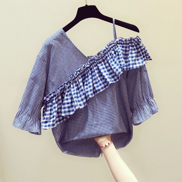 plaid shirt for women 2020 summer wear new elegant flounced v-neck oblique off-shoulder short sleeve plaid blouse women's blusas, White 
plaid shirt for women 2020 summer wear new elegant flounced v-neck oblique off-shoulder short sleeve plaid blouse women's blusas, White