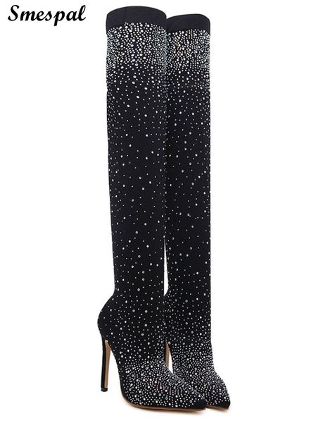 women glitter rhinestone details thigh high pointed toe 12 cm heeled dressy suede sock boots, Black
women glitter rhinestone details thigh high pointed toe 12 cm heeled dressy suede sock boots, Black
