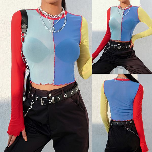 fashion women's short section o-neck long-sleeved color block mesh perspective stitching cloth short navel shirt#15, White
fashion women's short section o-neck long-sleeved color block mesh perspective stitching cloth short navel shirt#15, White