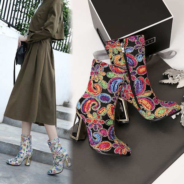 ethnic print flower women's short boots mixed color crystal bird cage high heels 10cm winter female botines mujer, Black
ethnic print flower women's short boots mixed color crystal bird cage high heels 10cm winter female botines mujer, Black