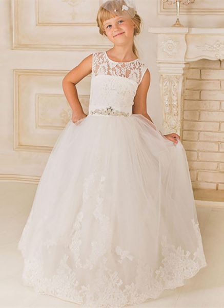 flower girl dresses lace appliqué sleeveless tulle beading sash floor length kids first holy communion dresses, White;blue
flower girl dresses lace appliqué sleeveless tulle beading sash floor length kids first holy communion dresses, White;blue