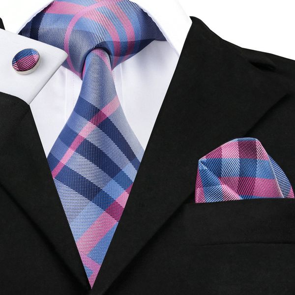 

sn-467 darkgray pink blue plaid tie hanky cufflinks sets men's 100% silk ties for men formal wedding party groom, Blue;purple