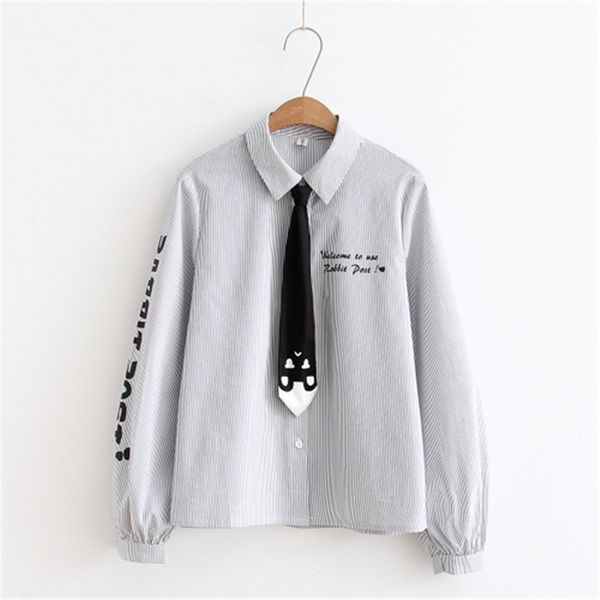 women's blouses & shirts chic womens letter print turn-down collar ladies casual long sleeve kawaii striped blusas mujer with tie, White
women's blouses & shirts chic womens letter print turn-down collar ladies casual long sleeve kawaii striped blusas mujer with tie, White