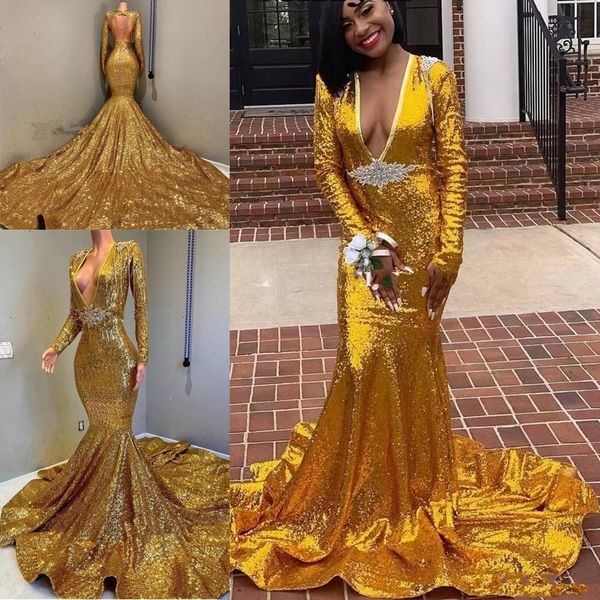 sparkly gold sequins mermaid prom pageant dresses with long sleeve 2020 crystal beaded v-neck sweep train trumpet evening wear gowns, Black
sparkly gold sequins mermaid prom pageant dresses with long sleeve 2020 crystal beaded v-neck sweep train trumpet evening wear gowns, Black