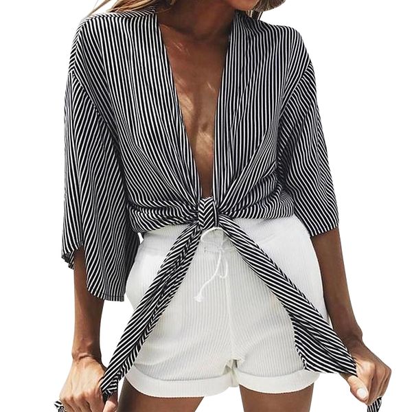 2019 women and blouse women long sleeve striped v-neck tie cardigan short jacket ladies blouse chemisier femme, White
2019 women and blouse women long sleeve striped v-neck tie cardigan short jacket ladies blouse chemisier femme, White