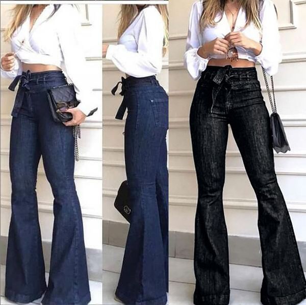 women's jeans high-waisted micro elastic lace-up bell-bottom pants loose, Blue