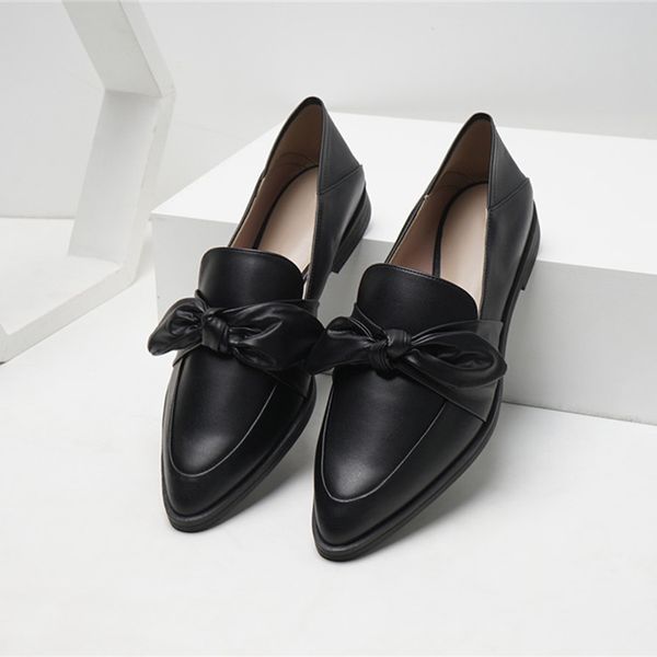 

microfiber leather bow-knot flats pointed toe casual solid comfy shoes woman slip on brand korean loafers soft bottom moccasins, Black