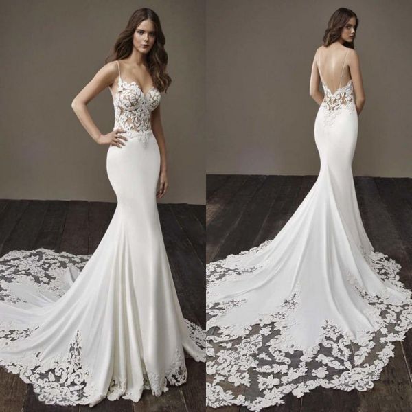 2020 lace appliqued spaghetti backless mermaid wedding dress beach bohemian boho sheath bridal gowns, White
2020 lace appliqued spaghetti backless mermaid wedding dress beach bohemian boho sheath bridal gowns, White