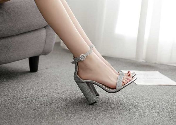 elegant women sandals square high ankle cover heel round toe office dance buckle strap party heels silver sandals, Black
elegant women sandals square high ankle cover heel round toe office dance buckle strap party heels silver sandals, Black