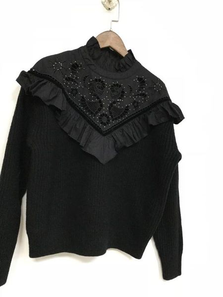 women sweater beaded embroidered ruffled wool-blend women's knitted top, White;black
women sweater beaded embroidered ruffled wool-blend women's knitted top, White;black