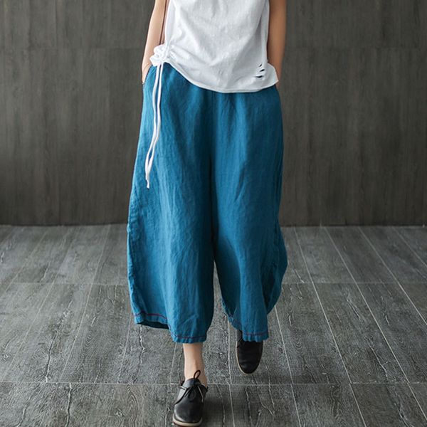 johnature summer women cotton linen solid color pockets elastic waist wide leg pants 2020 new simple fashion ankle-length pants, Black;white 
johnature summer women cotton linen solid color pockets elastic waist wide leg pants 2020 new simple fashion ankle-length pants, Black;white