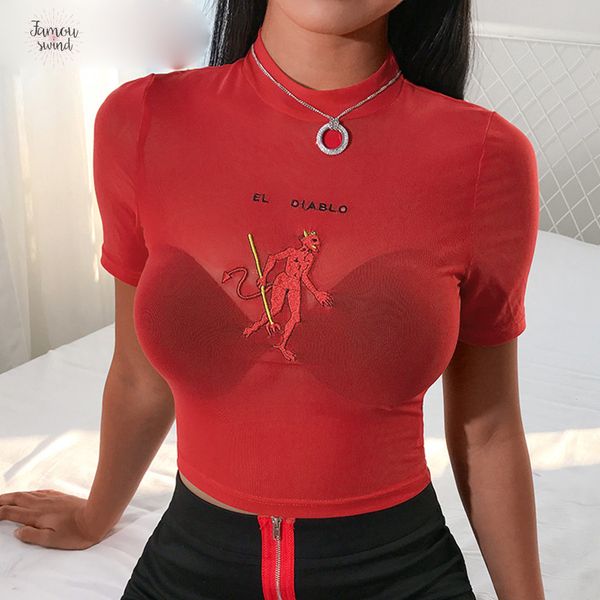 red women embroidery mesh tshirt devil short sleeve cute tee shirt femme transparent summer t shirt, White
red women embroidery mesh tshirt devil short sleeve cute tee shirt femme transparent summer t shirt, White