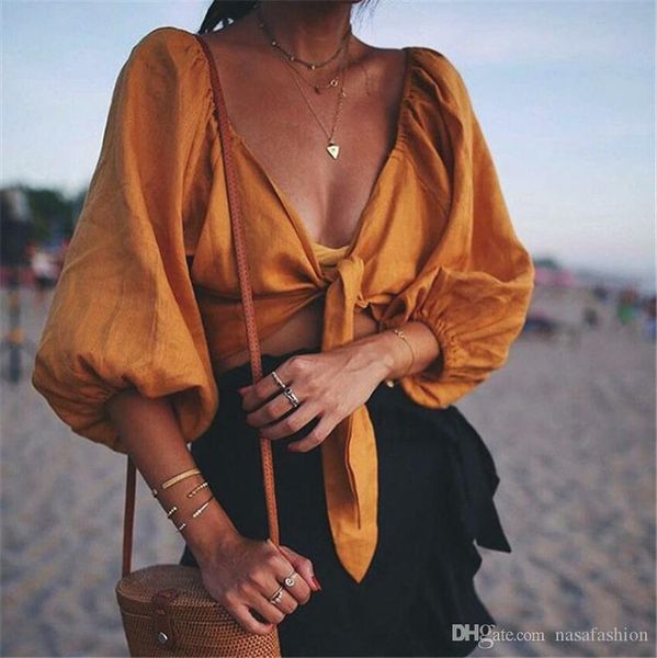 womens summer deep v shirts belt three quarter sleeve ladies short lantern solid loose female beachwears, White
womens summer deep v shirts belt three quarter sleeve ladies short lantern solid loose female beachwears, White