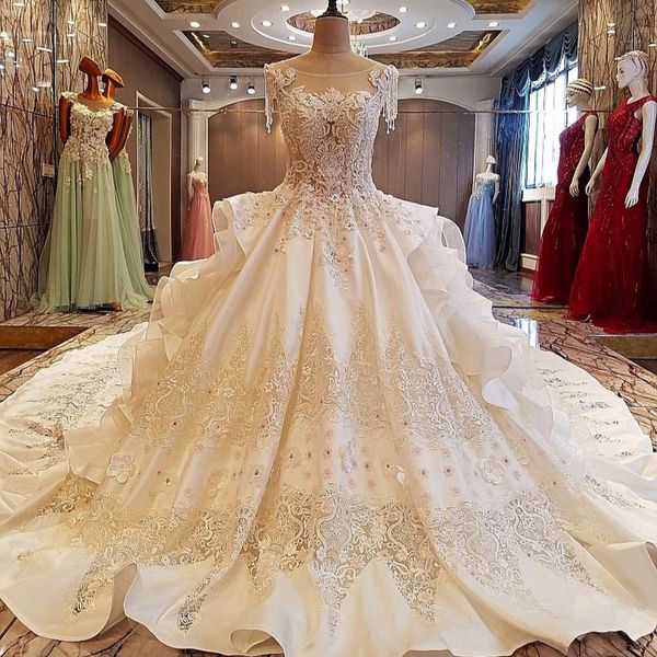 noble cathedral train satin ball gown wedding dresses 2019 beading pearls lace sheer scoop neck bridal gown handmade 3d flowers al2059, White
noble cathedral train satin ball gown wedding dresses 2019 beading pearls lace sheer scoop neck bridal gown handmade 3d flowers al2059, White