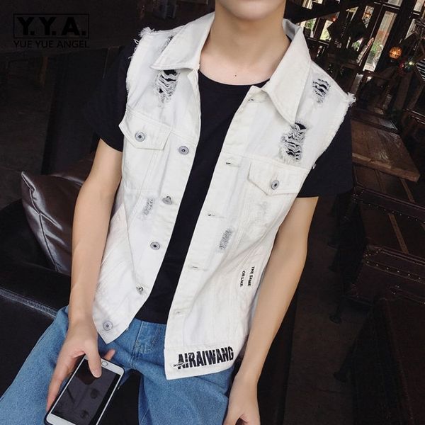 design new spring letter printed mens sleeveless denim vests fashion single breasted hole ripped slim male waistcoats plus size, Black;white
design new spring letter printed mens sleeveless denim vests fashion single breasted hole ripped slim male waistcoats plus size, Black;white