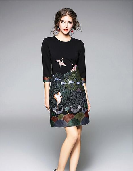 2019 crane printed black women mini dresses women dresses a-line street style dresses knee-knee 1/2 sleeve, Black;pink