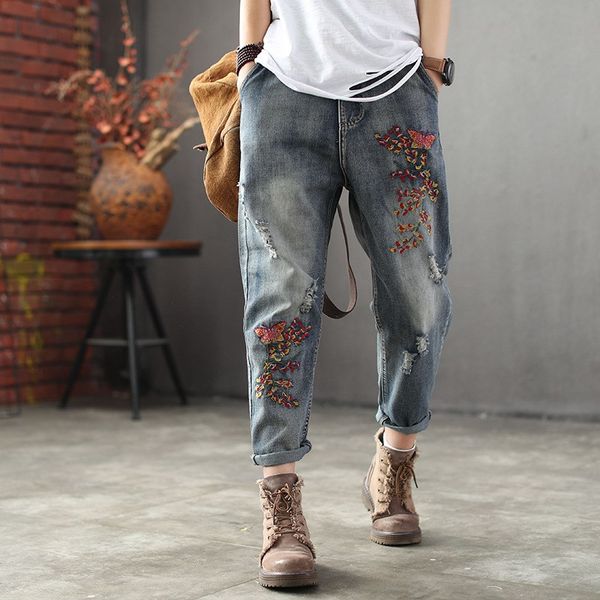 women's jeans autumn women embroidered ripped retro washed ladies elastic waist bleached vintage denim trousers, Blue
women's jeans autumn women embroidered ripped retro washed ladies elastic waist bleached vintage denim trousers, Blue