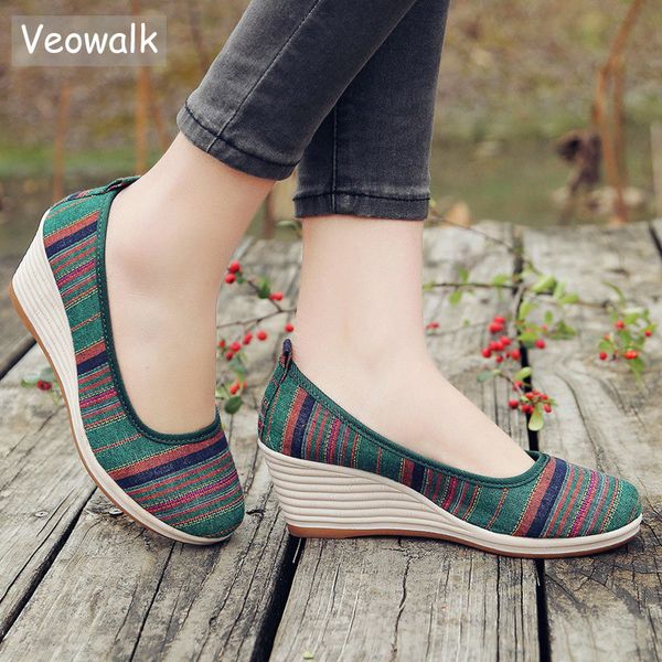 veowalk colorful striped women casual linen cotton wedge heel shoes bohemian middle-age ladies soft comfort pumps platforms, Black
veowalk colorful striped women casual linen cotton wedge heel shoes bohemian middle-age ladies soft comfort pumps platforms, Black