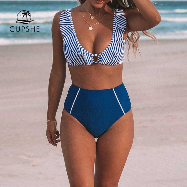 

cupshe blue striped and high-waisted ruffles bikini sets women cute two pieces swimsuits 2019 girl beach bathing suits