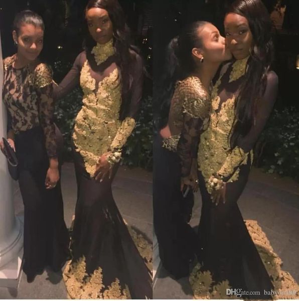 new black and gold mermaid prom dresses african high neck lace appliques long sleeves illusion bodice evening party gowns robe de mariee
new black and gold mermaid prom dresses african high neck lace appliques long sleeves illusion bodice evening party gowns robe de mariee