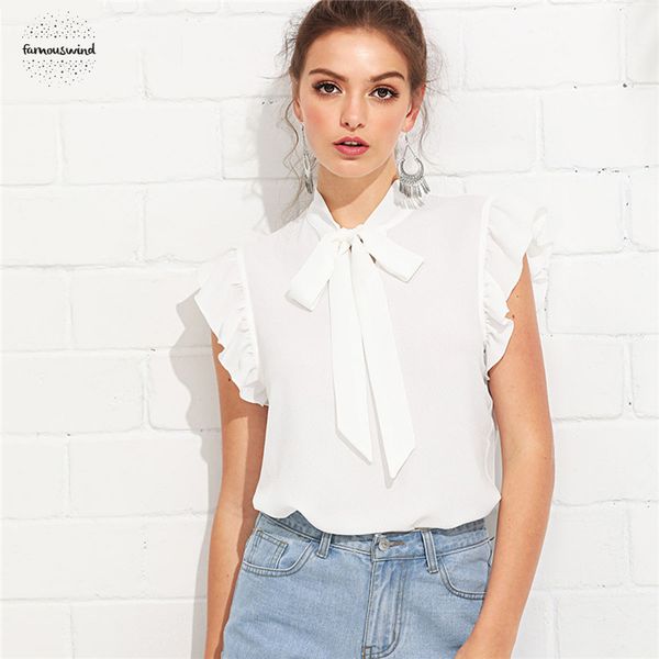 

blouse white elegant workwear flounce shoulder tied neck stand collar ruffle summer women casual weekend shirt top