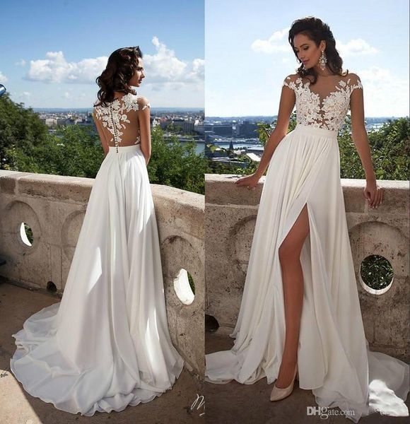 summer beach 2019 wedding dresses sheer lace appliqued a line wedding dress capped sleeves high split chiffon bridal gowns, White
summer beach 2019 wedding dresses sheer lace appliqued a line wedding dress capped sleeves high split chiffon bridal gowns, White