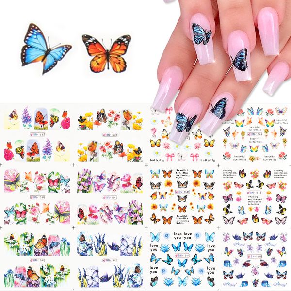 12pc lovely butterfly nail stickers cool summer nail design transfer adhesive decals water stickers on nails manicure, Black