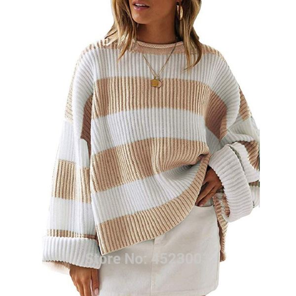 womens striped crew neck sweater oversize long sleeve knitted pullover sweaters, White;black
womens striped crew neck sweater oversize long sleeve knitted pullover sweaters, White;black