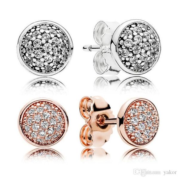 

18k rose gold round disc stud earring for pandora 925 silver cz diamond earrings with original box set women wedding gift jewelry, Golden;silver