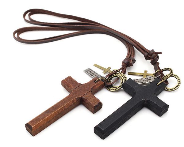 new fashion wooden cross necklace for men women with leather chain vintage look religious pendant jewelry factory direct, Silver 
new fashion wooden cross necklace for men women with leather chain vintage look religious pendant jewelry factory direct, Silver