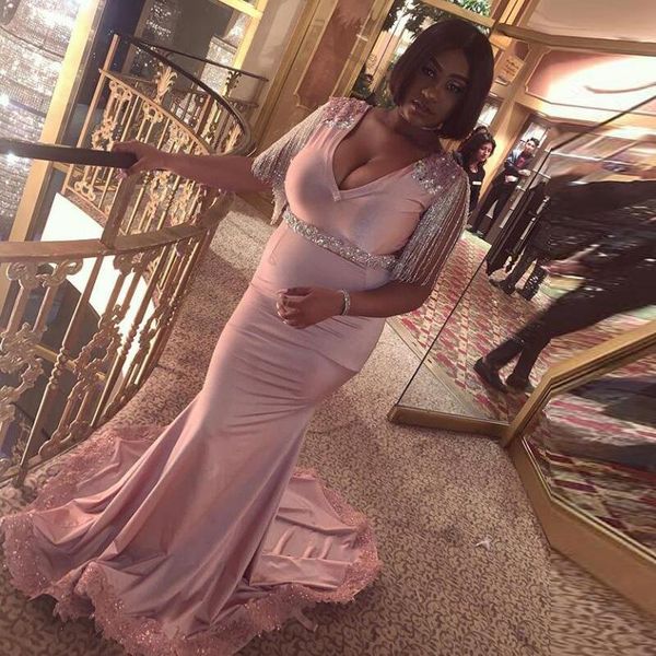 long pink v neck evening dresses applique beads 2020 sleeveless sweep train tassel mermaid prom gowns, Black;red
long pink v neck evening dresses applique beads 2020 sleeveless sweep train tassel mermaid prom gowns, Black;red