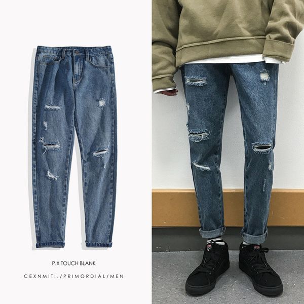 wholesale 2020 fashion boys pants harajuku style trend jeans korean loose straight beggar pants summer holes ankle length, Blue
wholesale 2020 fashion boys pants harajuku style trend jeans korean loose straight beggar pants summer holes ankle length, Blue