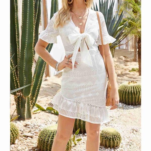v-neck irregular dress short sleeve dress, White