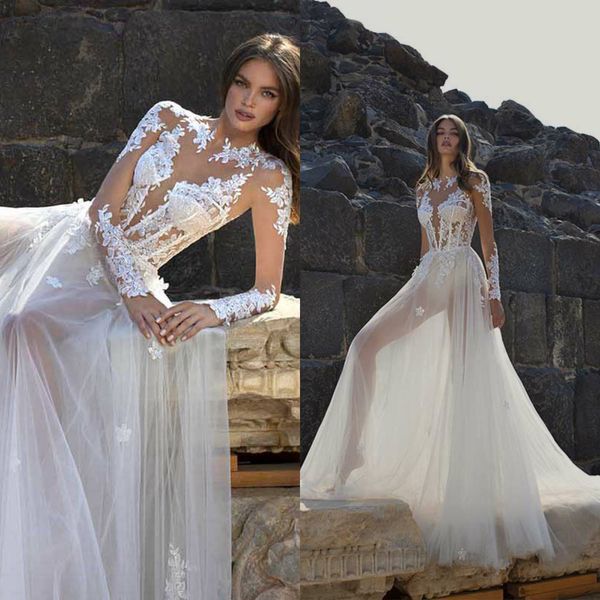 dreamy a line wedding dress long sleeves appliques tulle illusion bodice wedding dresses sweep train boho bridal gowns, White
dreamy a line wedding dress long sleeves appliques tulle illusion bodice wedding dresses sweep train boho bridal gowns, White