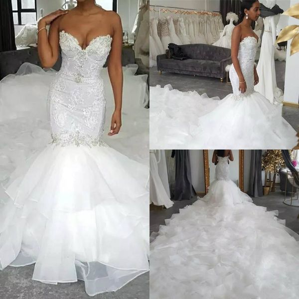 sweetheart lace mermaid wedding dresses with ruffles chapel train 2020 crystal vestidos de novia custom made bridal wedding gowns, White
sweetheart lace mermaid wedding dresses with ruffles chapel train 2020 crystal vestidos de novia custom made bridal wedding gowns, White