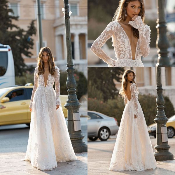 2019 new berta gorgeous sheer deep v neck wedding dresses lace 3d floral appliqued long sleeves backless beach bridal gowns vestido de novia, White
2019 new berta gorgeous sheer deep v neck wedding dresses lace 3d floral appliqued long sleeves backless beach bridal gowns vestido de novia, White