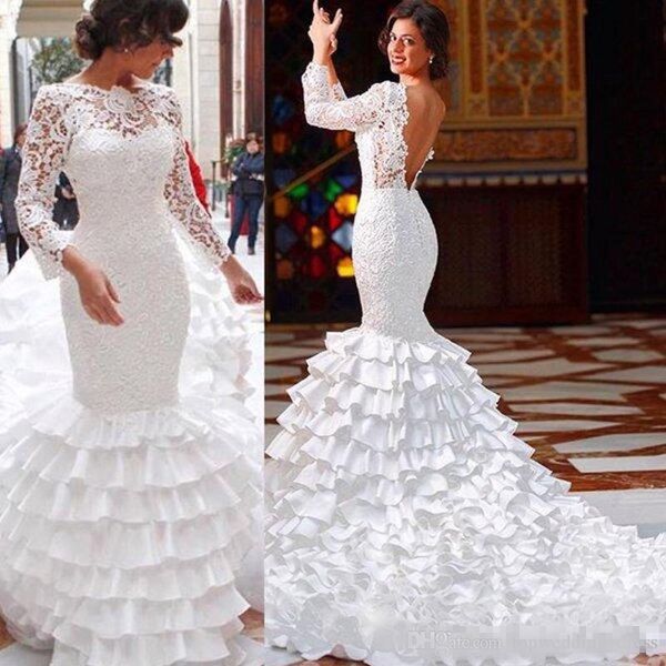 vinage lace wedding dresses mermaid lace backless long sleeves scalloped illusion bridal gowns with tiered skirt robe de mariage, White
vinage lace wedding dresses mermaid lace backless long sleeves scalloped illusion bridal gowns with tiered skirt robe de mariage, White