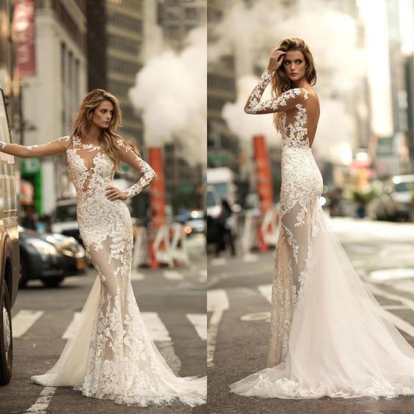 elegant lace mermaid wedding dresses berta sheer long sleeves tulle applique seen through backless sweep train wedding bridal gowns, White
elegant lace mermaid wedding dresses berta sheer long sleeves tulle applique seen through backless sweep train wedding bridal gowns, White