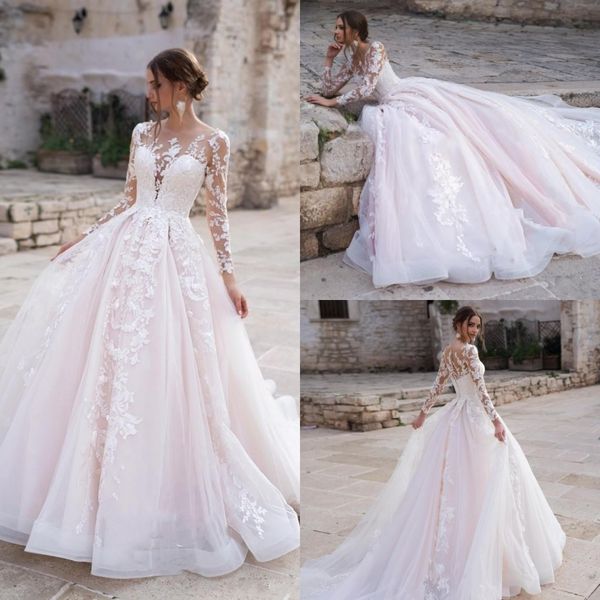 light pink boho sheer long sleeve wedding dresses jewel neck lace appliques a line tulle bridal gown beach vestido de novia, White
light pink boho sheer long sleeve wedding dresses jewel neck lace appliques a line tulle bridal gown beach vestido de novia, White