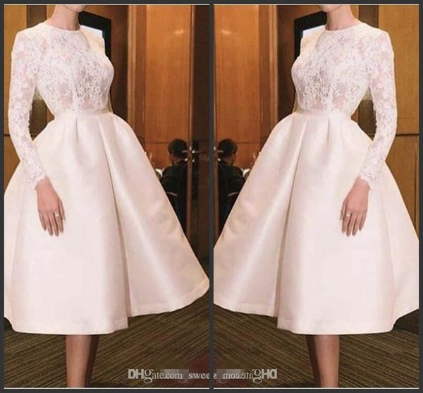 a-line prom dresses with jewel neck lace nd satin long sleeves knee length bridal gowns women wear evening dress short, Black 
a-line prom dresses with jewel neck lace nd satin long sleeves knee length bridal gowns women wear evening dress short, Black