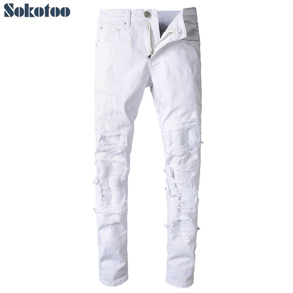 men's jeans sokotoo white pleated ripped biker for moto casual patchwork stretch denim pants long trousers, Blue
men's jeans sokotoo white pleated ripped biker for moto casual patchwork stretch denim pants long trousers, Blue